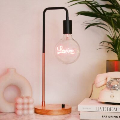 Wireless Single Bulb Black & Copper With Wood Effect Base Desk Lamp Holder (Lamp RC)
