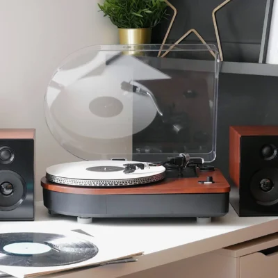 Steepletone Camden Bluetooth Turntable With Bookshelf Speakers (Luxury Teak Wood Finish)