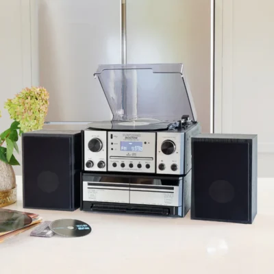 Boston 5 in 1 Music Centre - Turntable/Cassette/CD Player & FM Radio (Black wood & silver)
