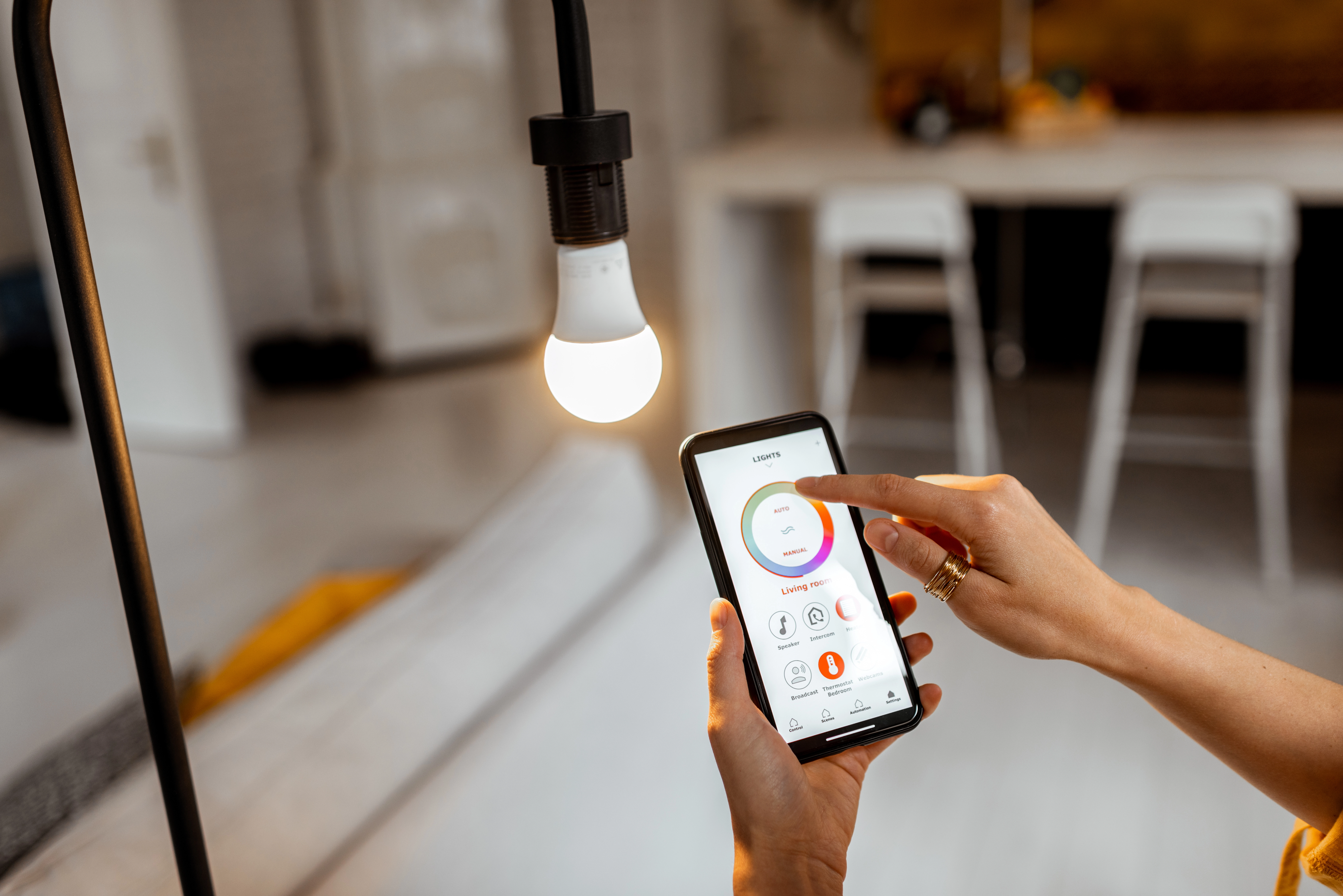 Smart lighting and automated blinds in a modern home