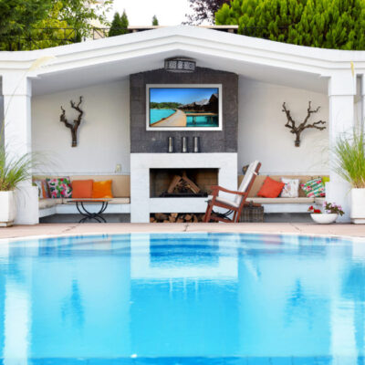Aquavision Horizon outdoor television beside a swimming pool