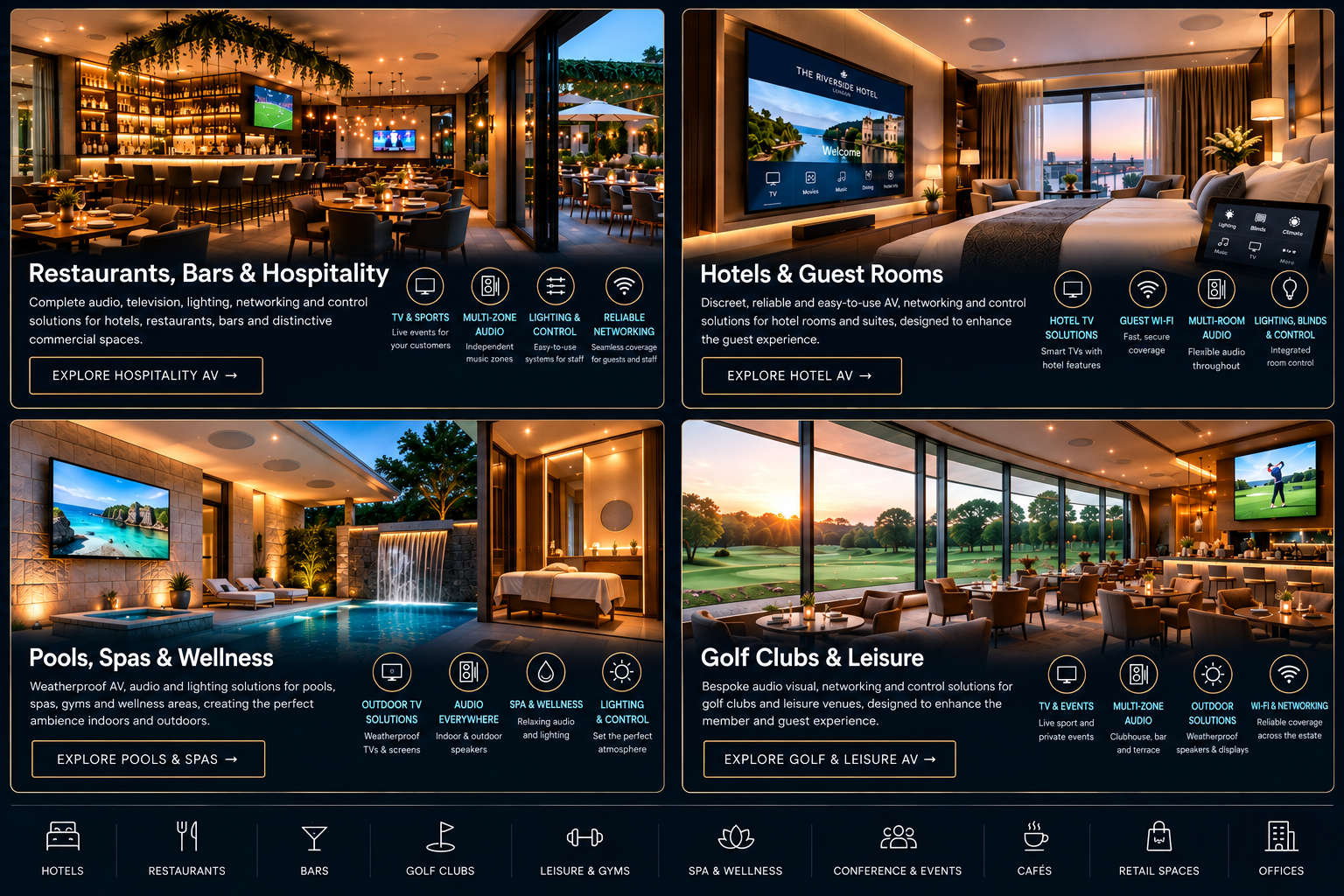 Commercial AV for restaurants and bars, hotels and guest rooms, pools spas and wellness, golf clubs and leisure