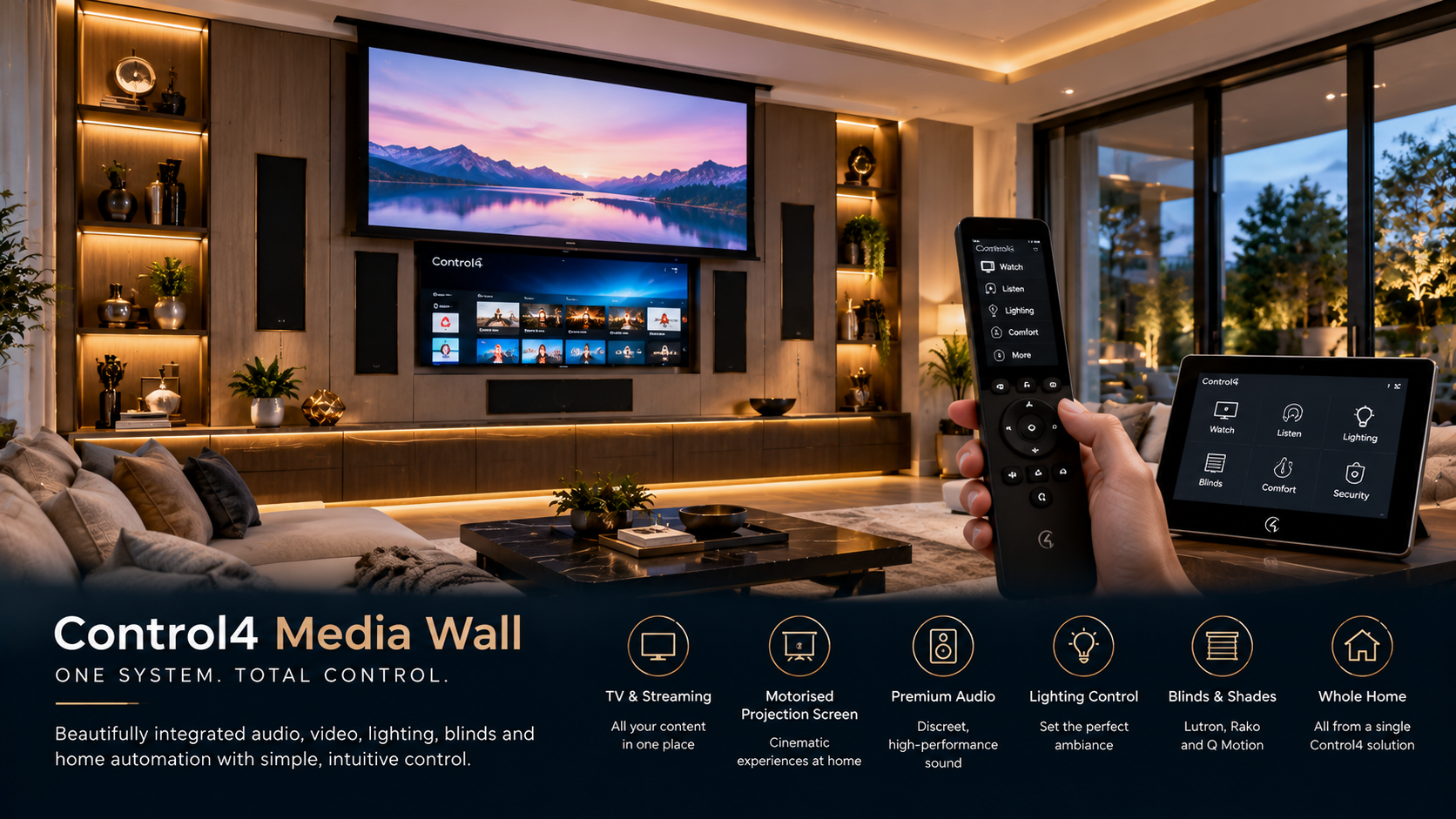 Control4 media wall with motorised projection screen, TV, remote and touchscreen
