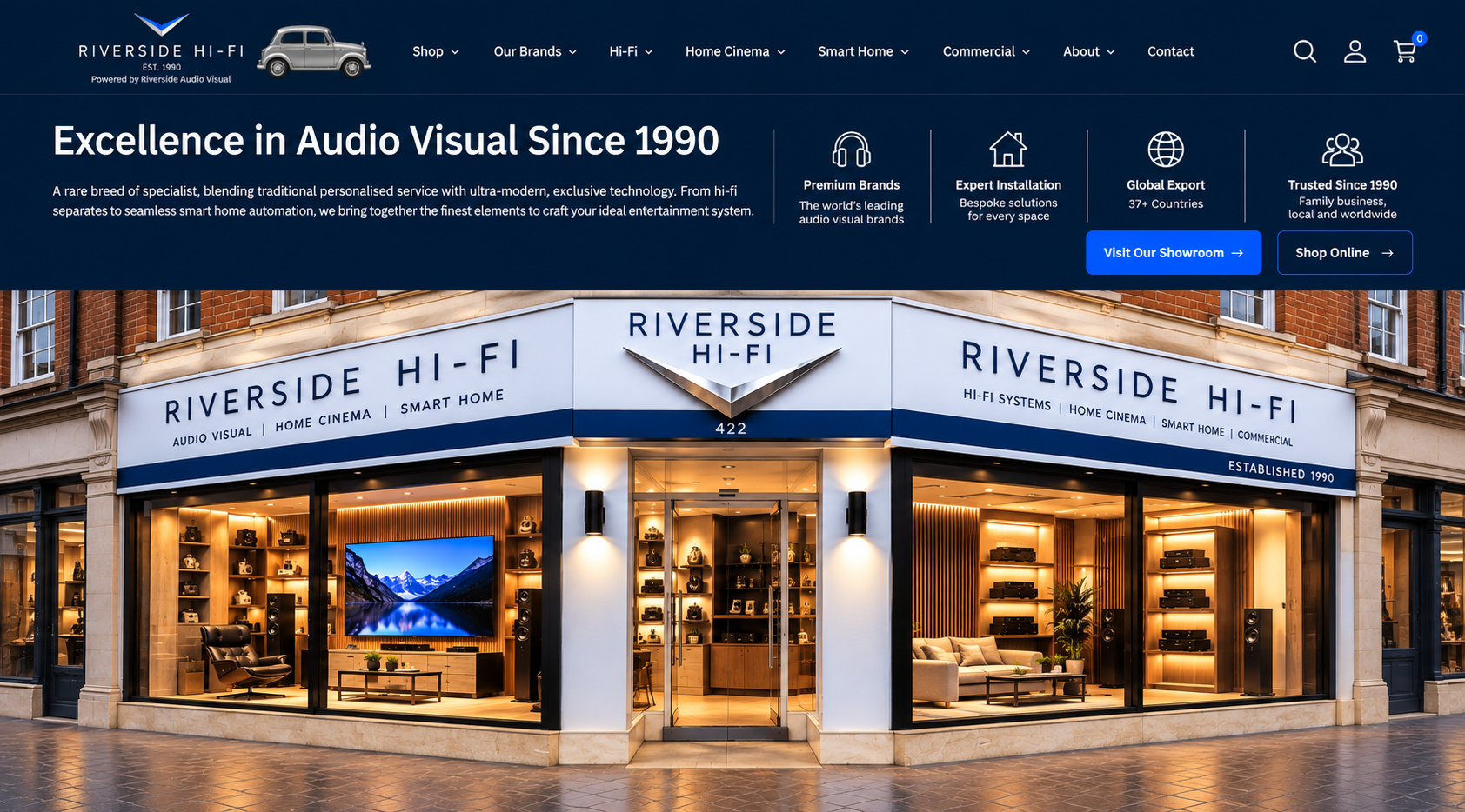Riverside HiFi showroom storefront and audio visual homepage