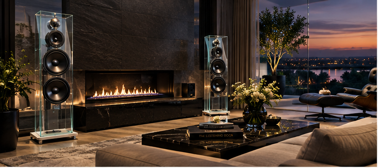 Luxury listening room with glass floorstanding speakers