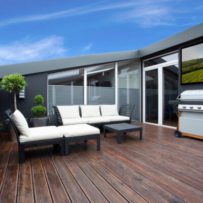 Aquavision Horizon outdoor television on a covered patio
