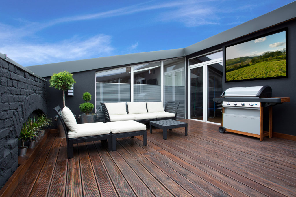 Aquavision Horizon outdoor television on a covered patio