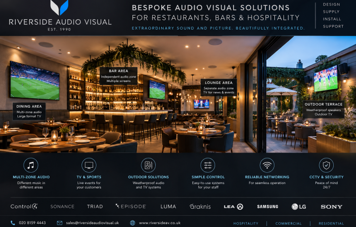 Riverside Audio Visual restaurant and hospitality multi-zone audio, TV, outdoor AV and commercial systems